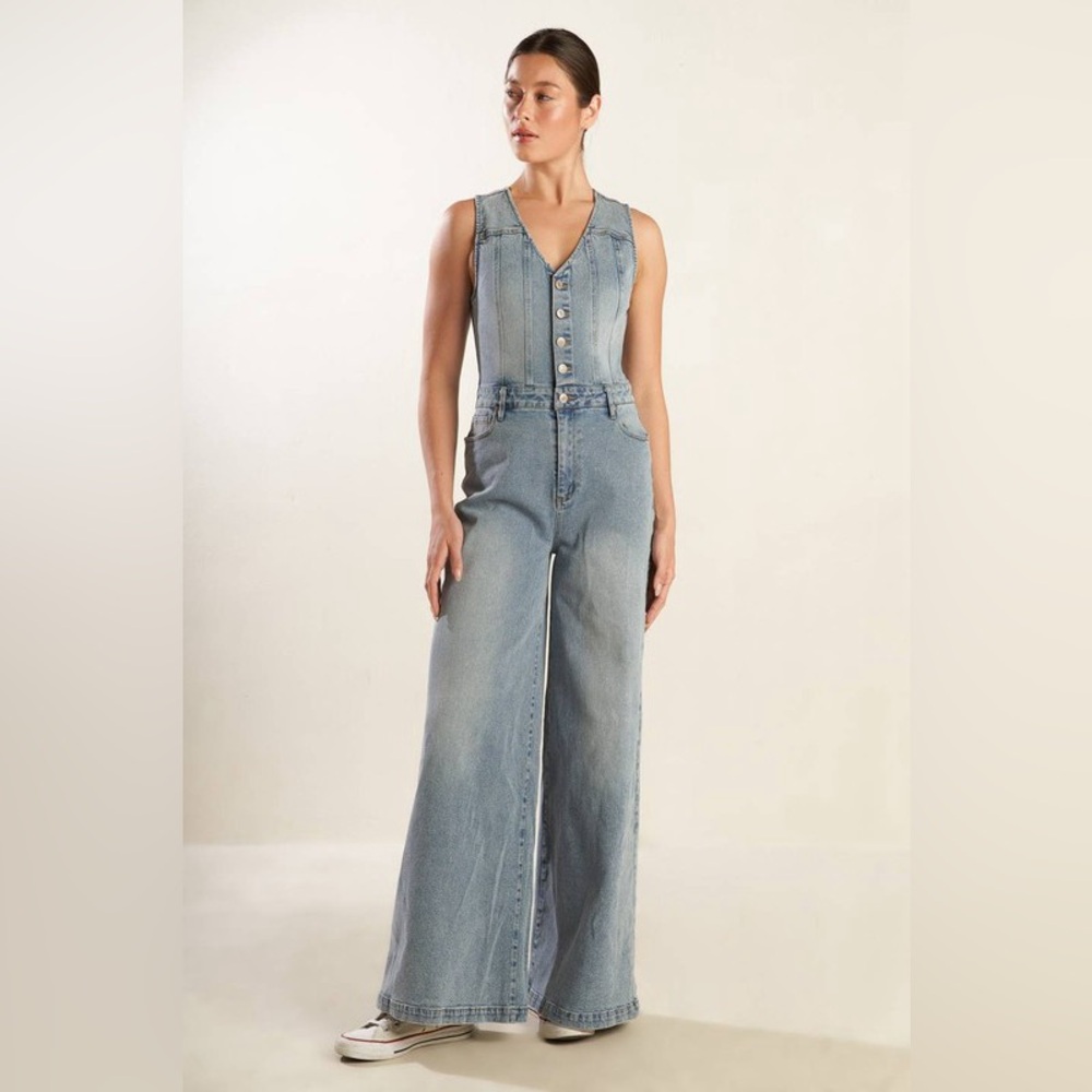 Western Mid Wash Denim Jumpsuit – Wide Leg One-Piece - Picture 4 of 10